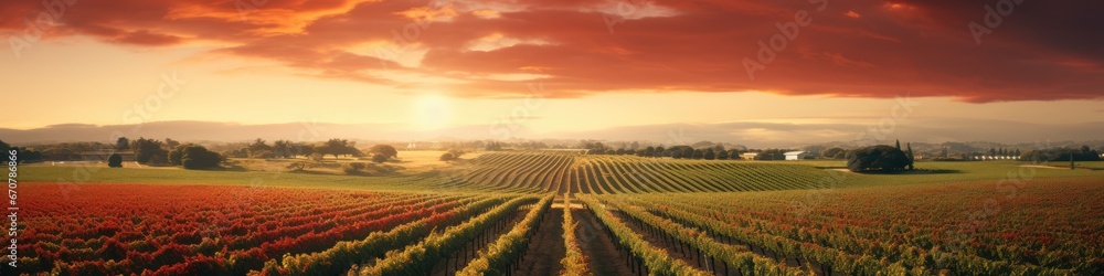 the sunset on a grape field of the vineyard,