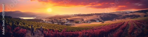 the sunset on a grape field of the vineyard,