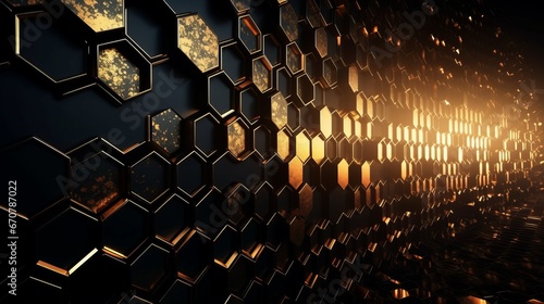 Abstract futuristic luxurious digital geometric technology hexagon background banner illustration 3d - Glowing gold, black hexagonal 3d shape texture wall. Decor concept. Wallpaper concept.Art concept