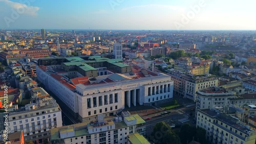 Aerial view of the Central Supreme Court building
Tribunale Ordinario. City skyline at sunset. Architecture of municipal buildings. Justice. Place of work of lawyers. Milan Italy 10.11.2023 photo