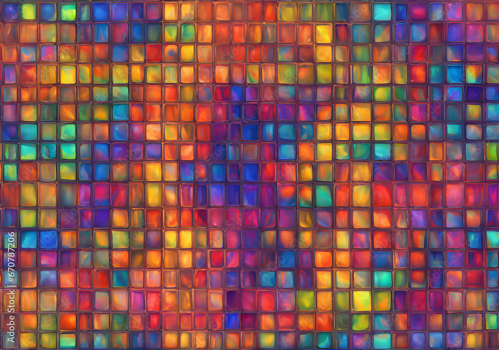 Seamless psychedelic rainbow heatmap glass square blocks refraction pattern background texture. Generative Ai