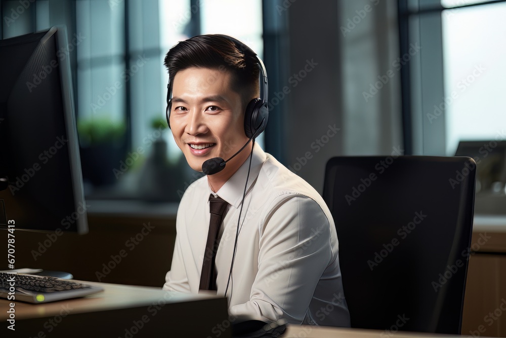 Portrait of a Handsome Asian Man, Customer Service Operator, Call Center Worker Talking Through Headset with Customer in Modern Office. Portrait of a Handsome Asian Man, Customer Service Operator, Call Center Worker Talking Through Headset with Customer in Modern Office.