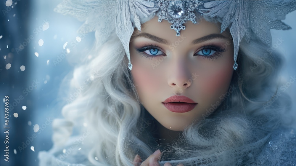 The frozen princess in a white dress in the style of fantasy characters, close-up shots