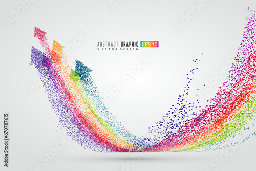 Countless colorful particles form a rainbow-shaped arrow, symbolizing rise and development, vector graphics.