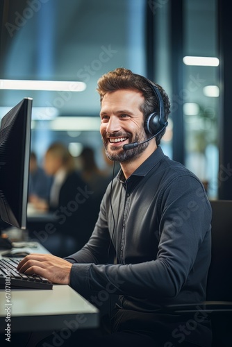 Portrait of a Handsome European Man Customer Service Operator, Call Center Worker Talking Through Headset with Customer in Modern Office.