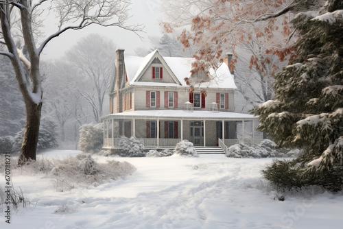 old white house on snowy winter landscape