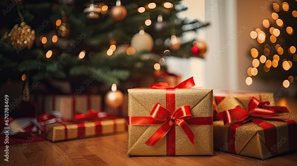 Christmas presents with gold bows on the floor in front of a Christmas tree