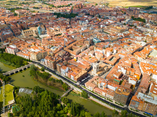 Aerial view of Palencia cityscape overlooking ancient Gothic building of Catholic Cathedral, Spain..