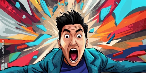 Vibrant Asian Man in Comic Style Shouts, Generative AI
