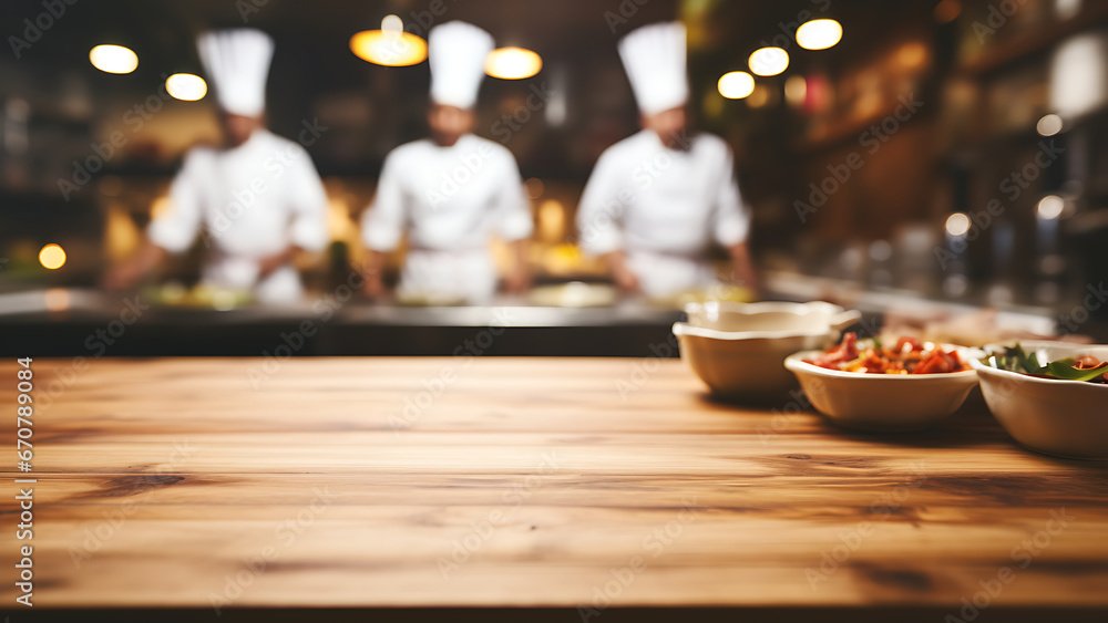 Wooden table with chef cooking in the background. - obrazy, fototapety, plakaty 