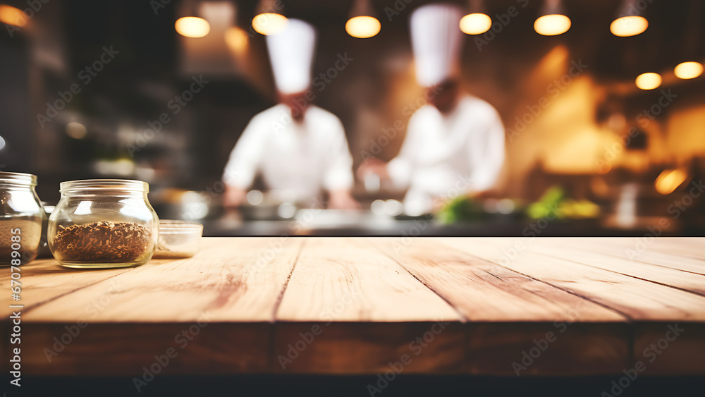 Wooden table with chef cooking in the background. Wooden table with chef cooking in the background.