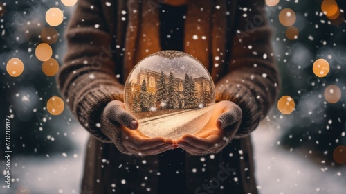 a person is holding a snow globe in their hands