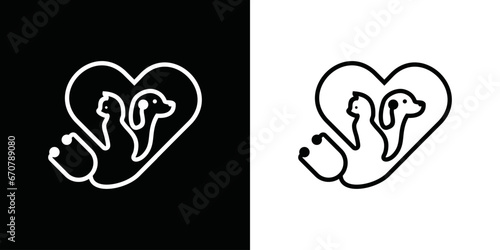 dog and cat stethoscope logo design. vector design illustration of dog and cat element symbols with love. pet care white linear style. logo for pets