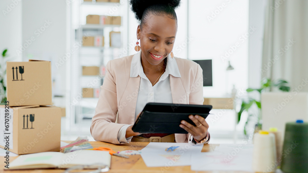 Happy black woman, tablet and logistics in small business for supply chain or online shopping at boutique store. African female person smile on technology with boxes for ecommerce or retail purchase Happy black woman, tablet and logistics in small business for supply chain or online shopping at boutique store. African female person smile on technology with boxes for ecommerce or retail purchase