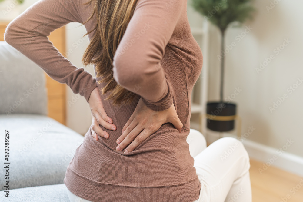 Pain body muscles stiff problem, suffer asian young woman painful back