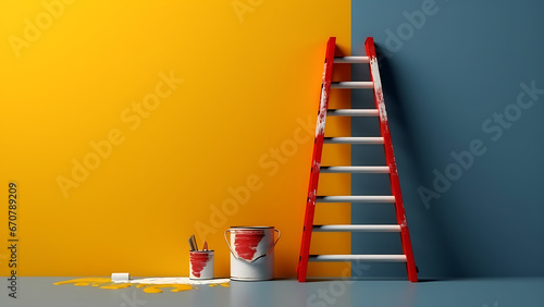 Ladder and paint bucket to make repairs. photo