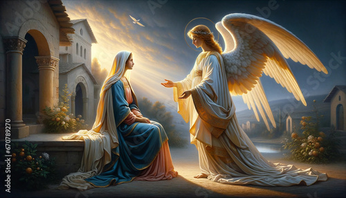 Foto The Annunciation: A Divine Encounter between the Blessed Virgin Mary and the Archangel Angel Gabriel