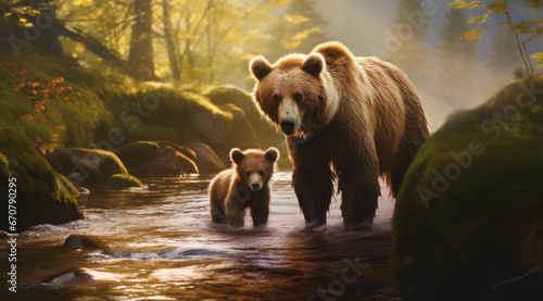 a brown bear with cubs at the water