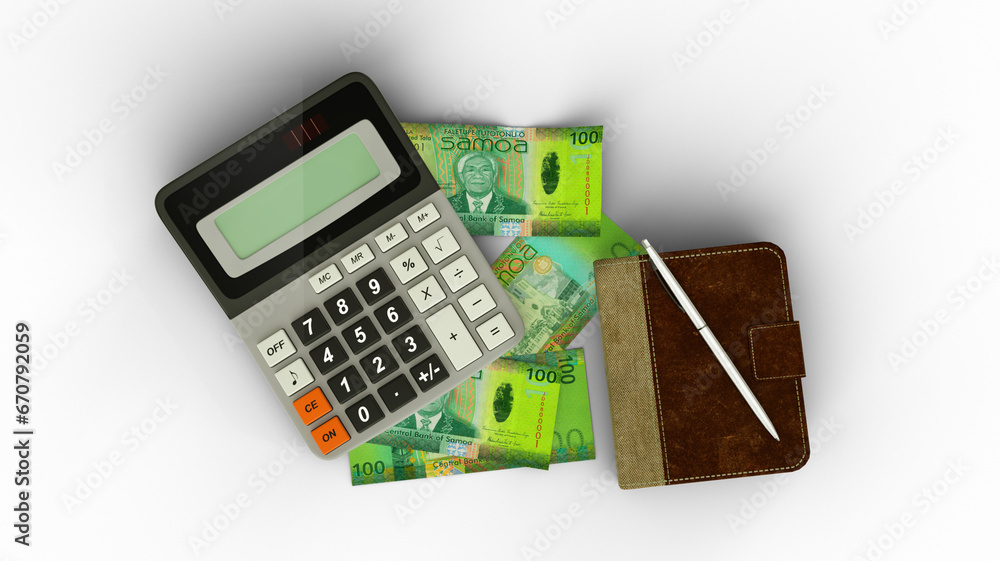 3D rendering of an isolated composition of samoan tala notes, a calculator, a note book and a pen
3D rendering of an isolated composition of samoan tala notes, a calculator, a note book and a pen