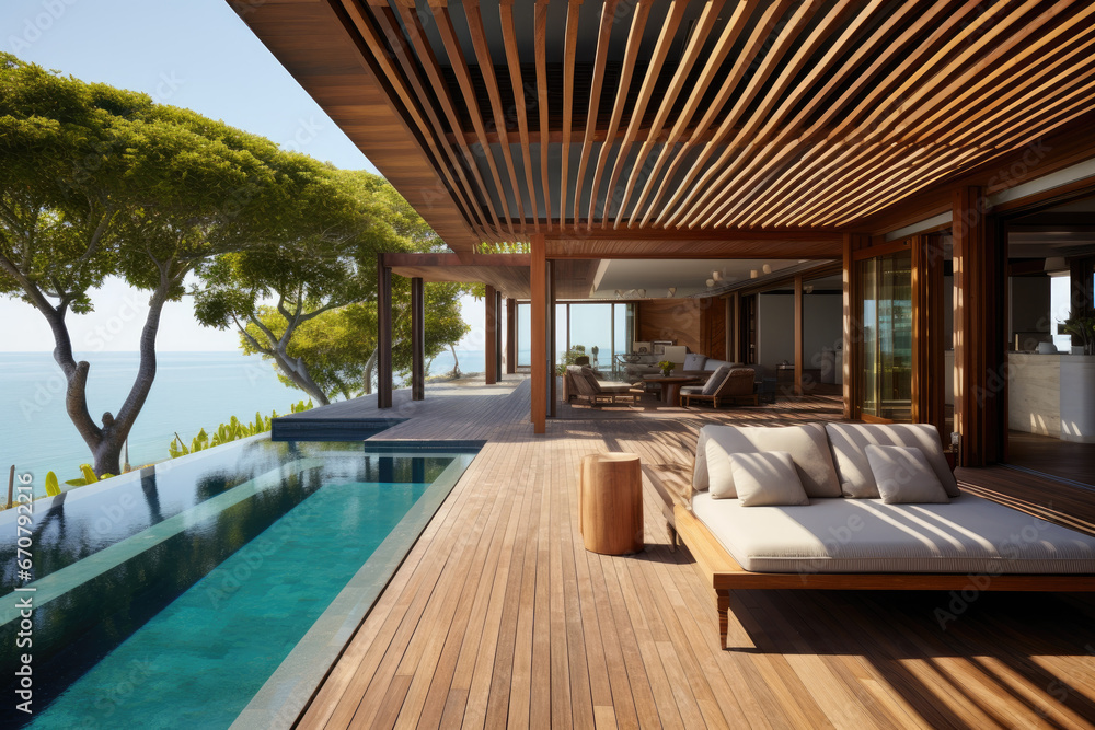 Luxury beach house with a pool and wooden terrace