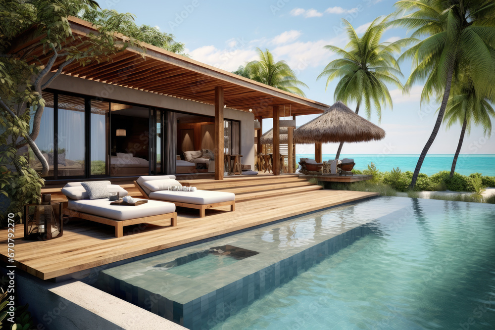 Luxury beach house with a pool and wooden terrace