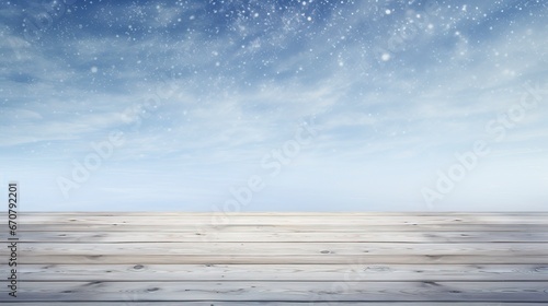 Winter Table - Snowy Plank With Snowfall In The Cold Sky, generative ai