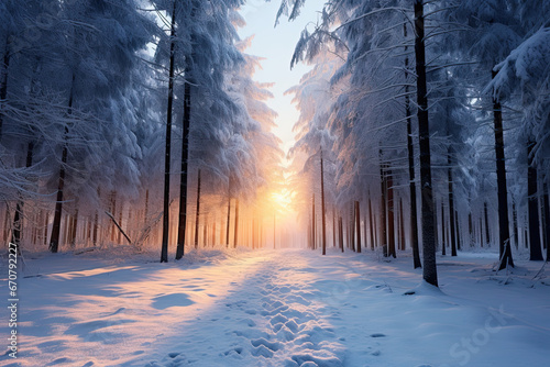 landscape sunrise in a snowy forest. 