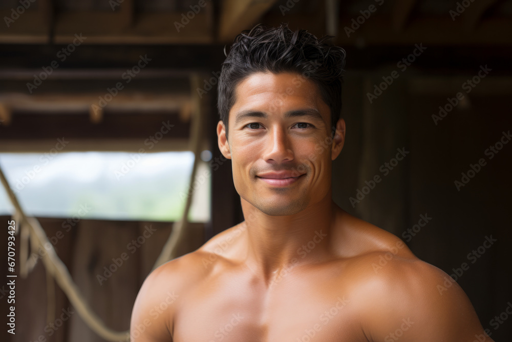 A charismatic Hawaiian man with a chiseled physique and a mischievous glint in his eyes