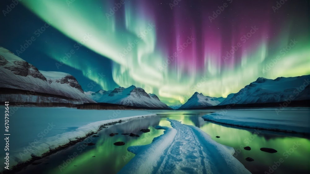 Northern Lights over snowy mountains 