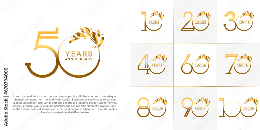 set of anniversary logotype golden color and ornament for special celebration event - obrazy, fototapety, plakaty 