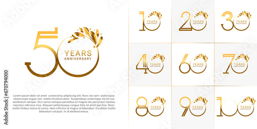 set of anniversary logotype golden color and ornament for special celebration event photo