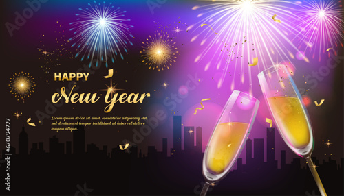 New Year's card with champagne glasses and fireworks
