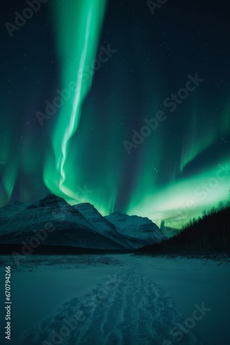 Northern Lights over snowy mountains  © FadedNeon