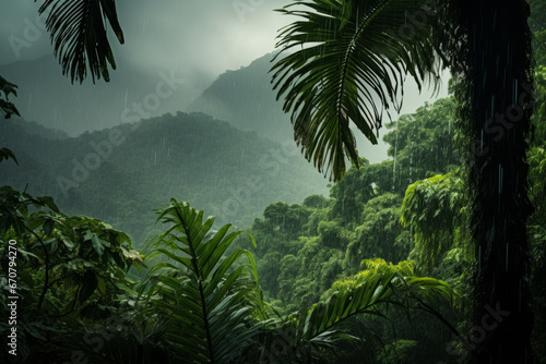 A storm brewing over a tropical rainforest  with the trees swaying in the wind