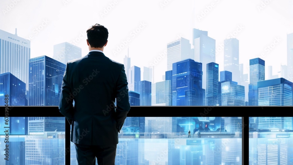 Business man overlooking city skyline background from office Business man overlooking city skyline background from office