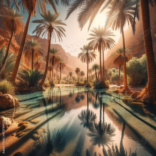 Oasis in the heart of the desert with palm trees © RokuGoSanjuGo