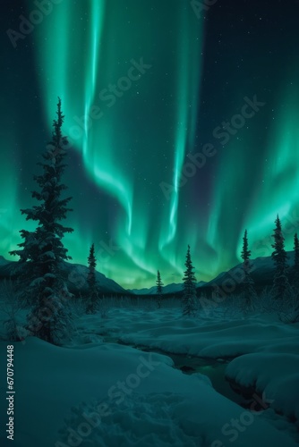 Northern Lights over snowy mountains 
