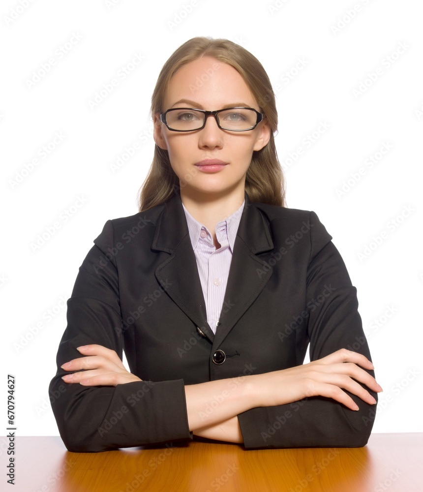 Female employee sitting at long table isolated on white Female employee sitting at long table isolated on white