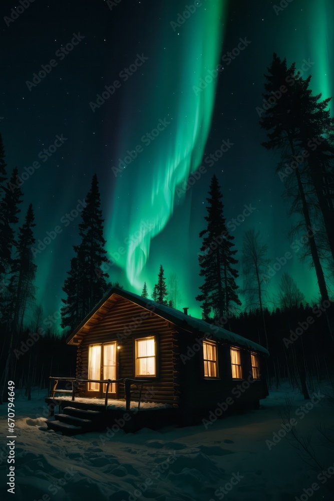 Northern lights over a cabin in a snowy forest Northern lights over a cabin in a snowy forest