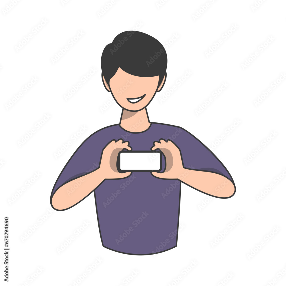 Illustration of Faceless Male Character Showing His Phone. Vector Design