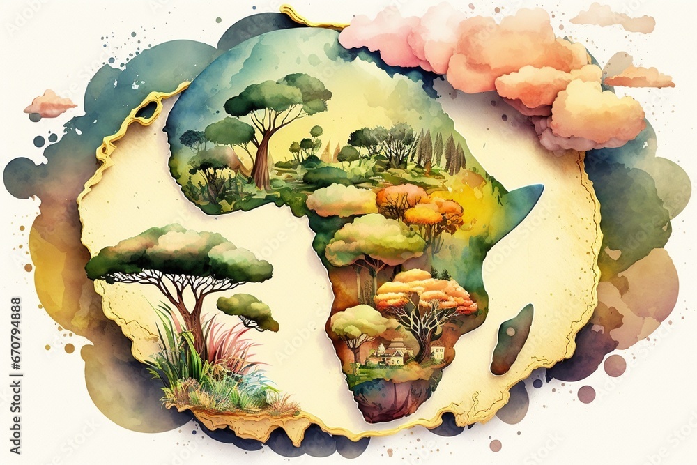continent africa in watercolor illustration, concept of nature diversity - obrazy, fototapety, plakaty 
