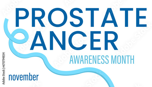 Blue ribbon and text PROSTATE CANCER AWARENESS MONTH - NOVEMBER on white background