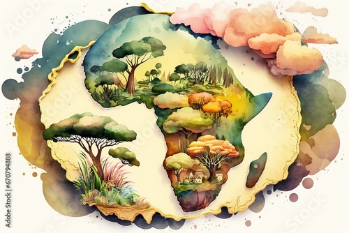 continent africa in watercolor illustration, concept of nature diversity