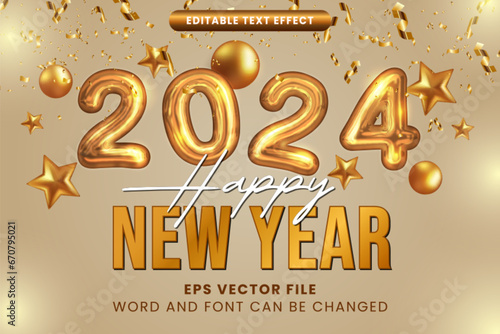 2024 happy new year 3d realistic golden balloon editable vector text effect