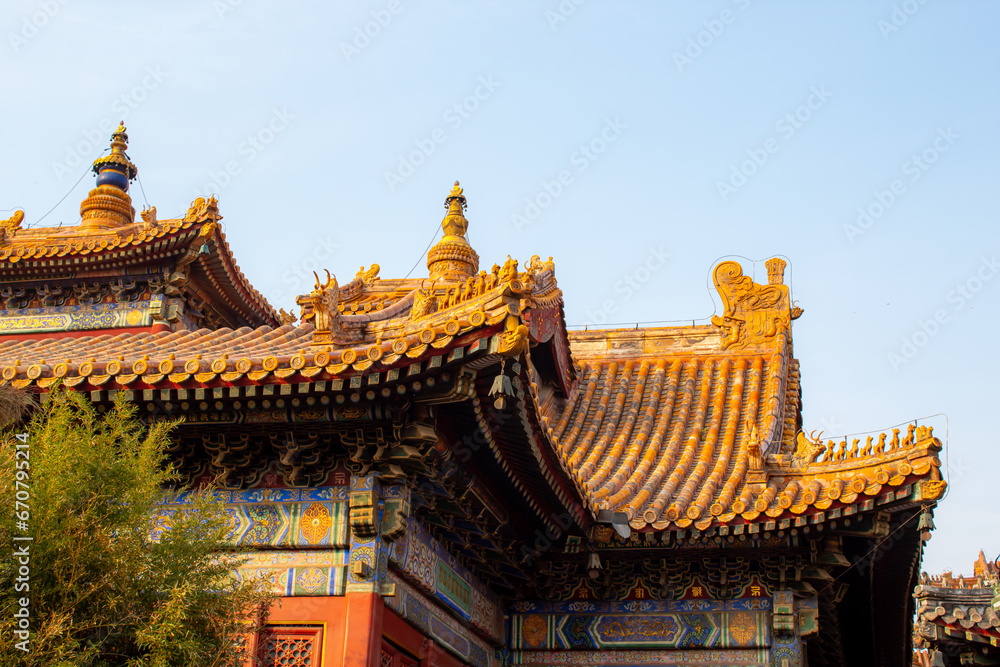 Close up on the roof details of Yonghegong Lamasery, Yonghe Lamasery, Beijing Close up on the roof details of Yonghegong Lamasery, Yonghe Lamasery, Beijing