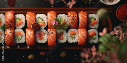 Sushi Japanese Foods Image for Menu Advertising, Restaurants Promotional Flyer and Poster Concept, Delicious Japanese Sushi Roll with Salmons