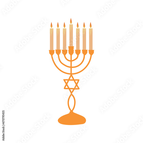 Hanukkiah with glowing candles on white background