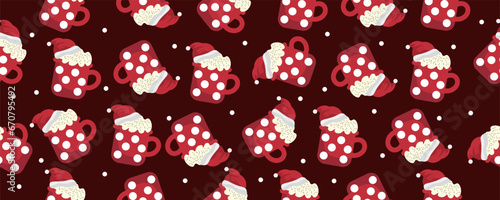 Seamless pattern for design with cups of hot chocolate on dark red background