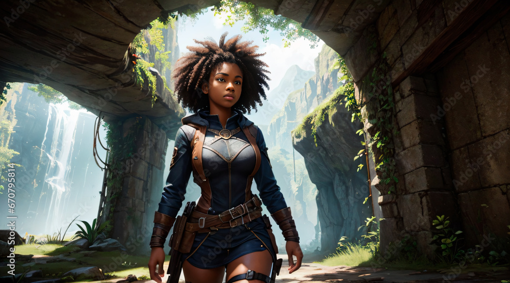 Black woman with curly hair in an adventure video game setting