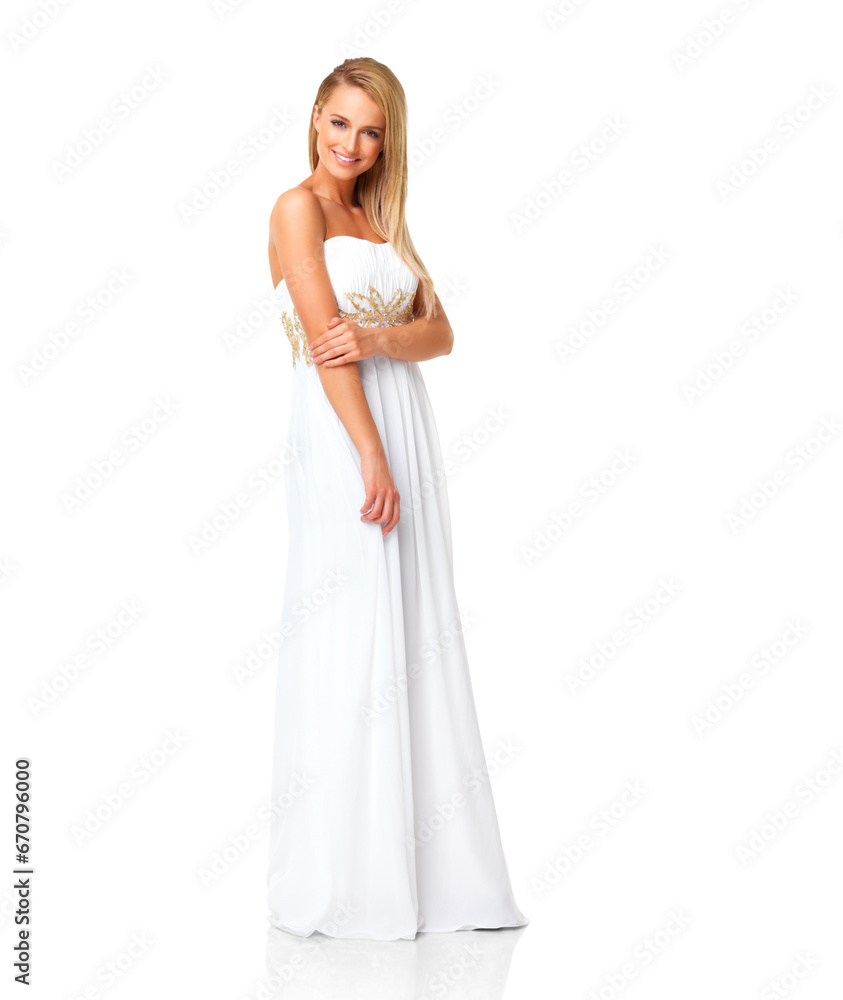 Fashion, portrait and happy woman in white dress isolated on a transparent png background. Style, smile and confident female model with designer luxury clothes for party, event or prom in Switzerland